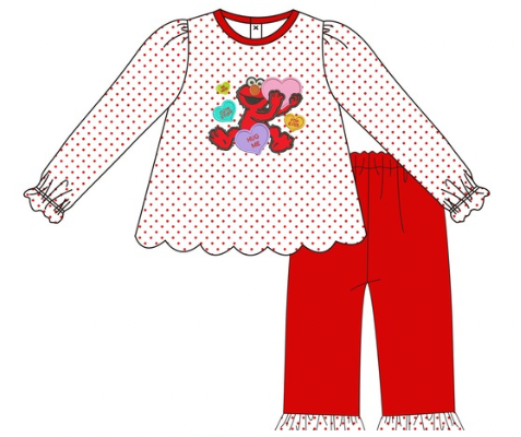 Four children's two-piece outfit sets arranged in a 2x2 grid on a white background. The top-left set is white with red polka dots, featuring a long-sleeve top with a scalloped hem, solid red pants, and a teddy bear graphic.