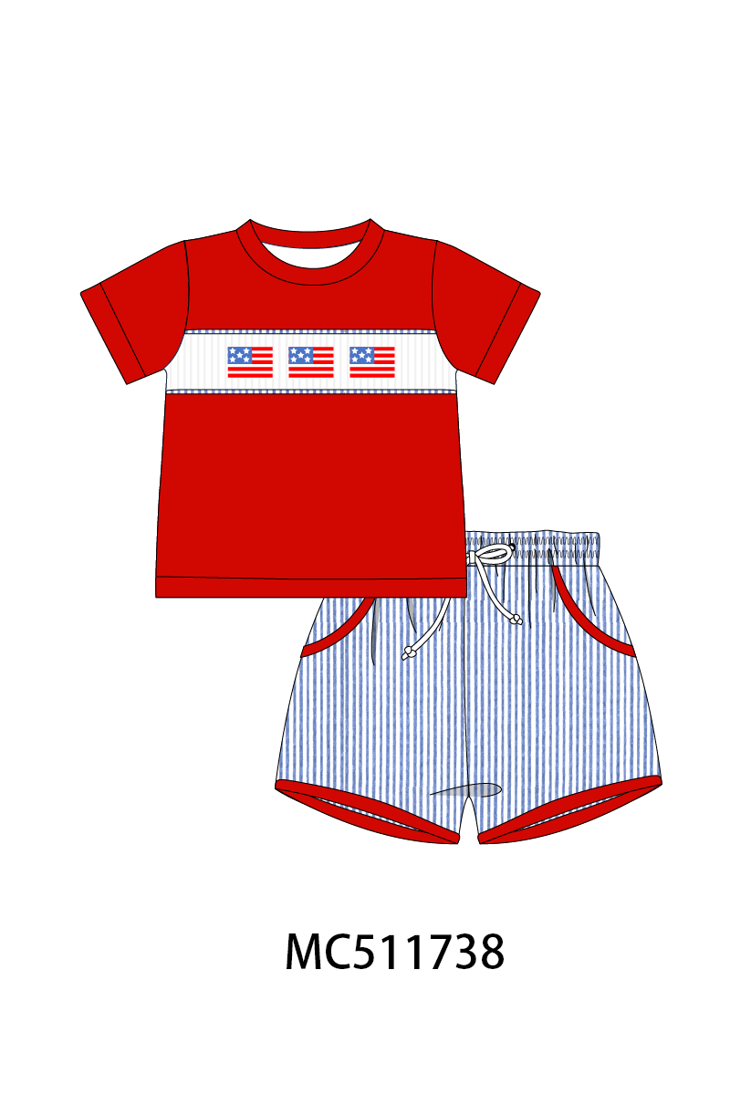 ETA May PO75 Blue seersucker Patriotic flag machine smocked collection 2
