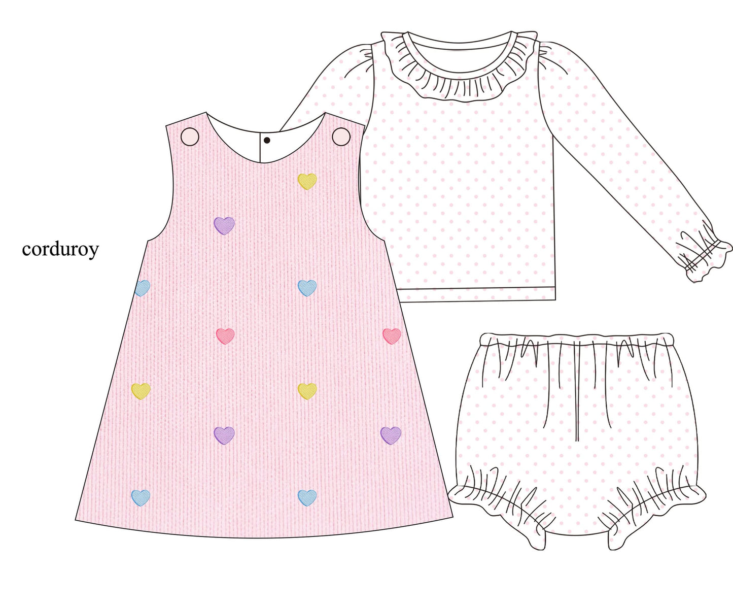 PREORDER #31 ETA JANUARY 2027 CORDUROY WITH EMBROIDERED HEARTS 3 PC DIAPER SET