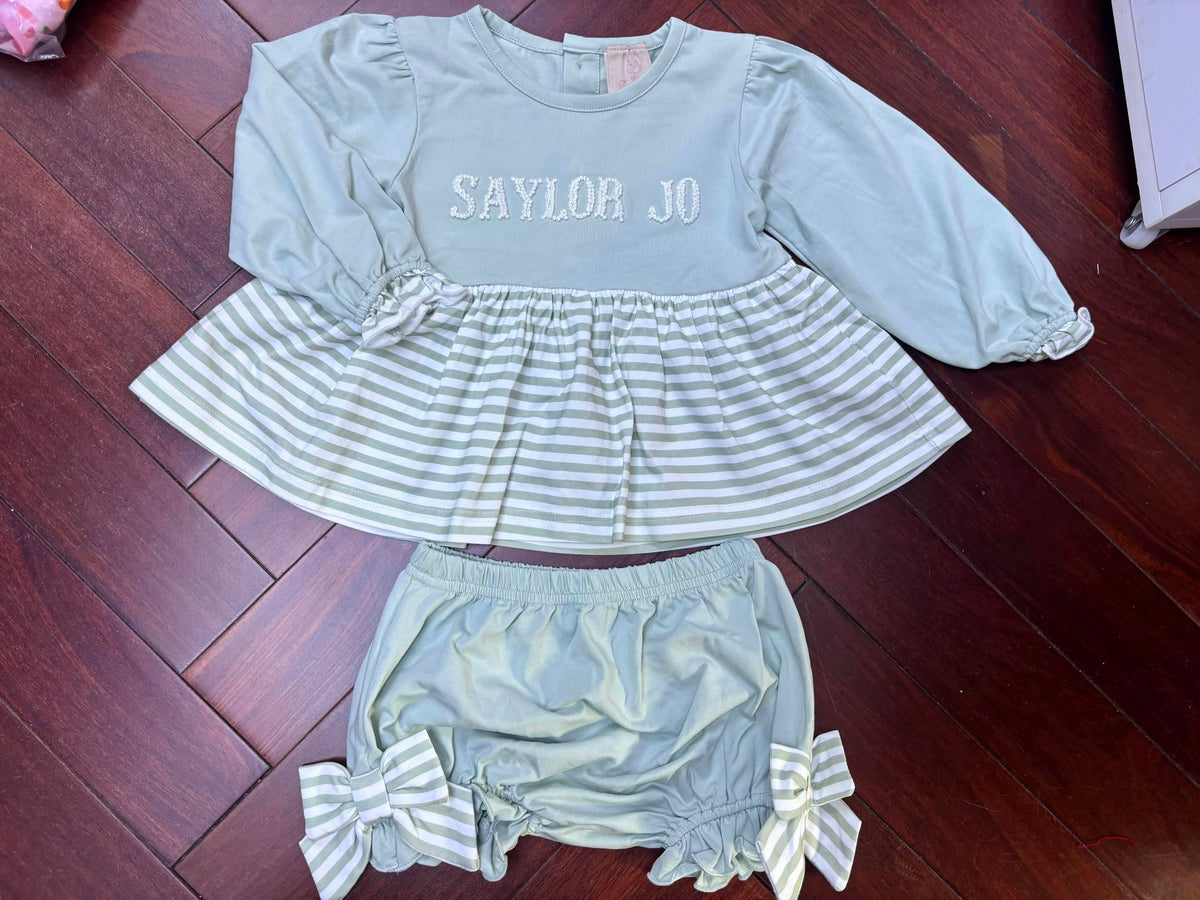 RTS SAGE GREEN STRIPE FRENCH KNOT DIAPER SET