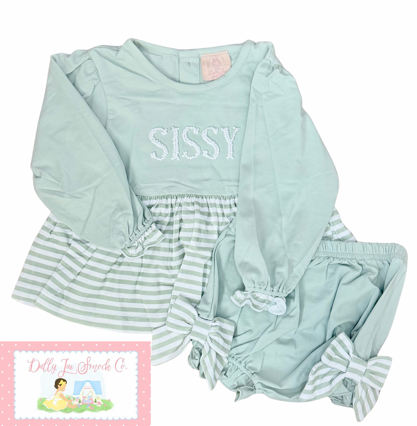 RTS SAGE GREEN STRIPE FRENCH KNOT DIAPER SET