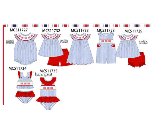 ETA May PO75 Blue seersucker Patriotic flag machine smocked collection 1