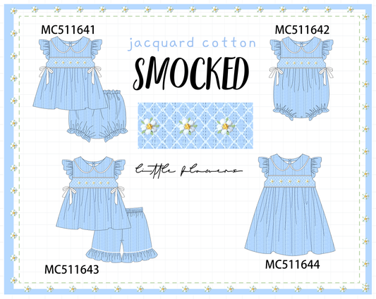 ETA May PO75 Blue floral jacquard machine smocked ruffle collection