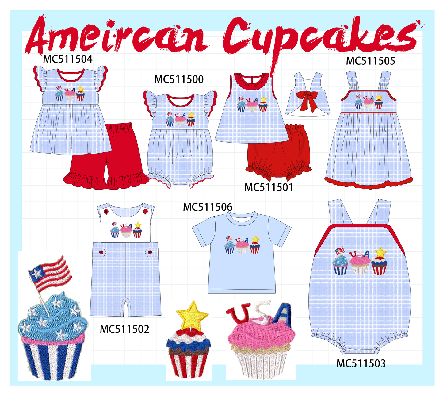 ETA May PO75 Blue plaid Patriotic cupcaker embroidery collection
