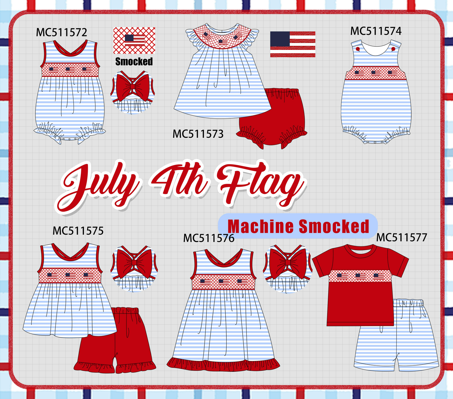 ETA May PO75 Blue stripe Patriotic flag smocked collection