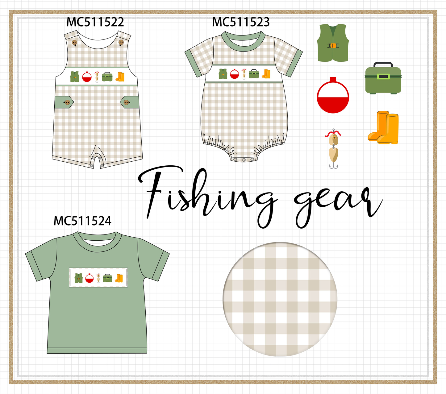 ETA May PO75 Green fishing embroidery gingham collection