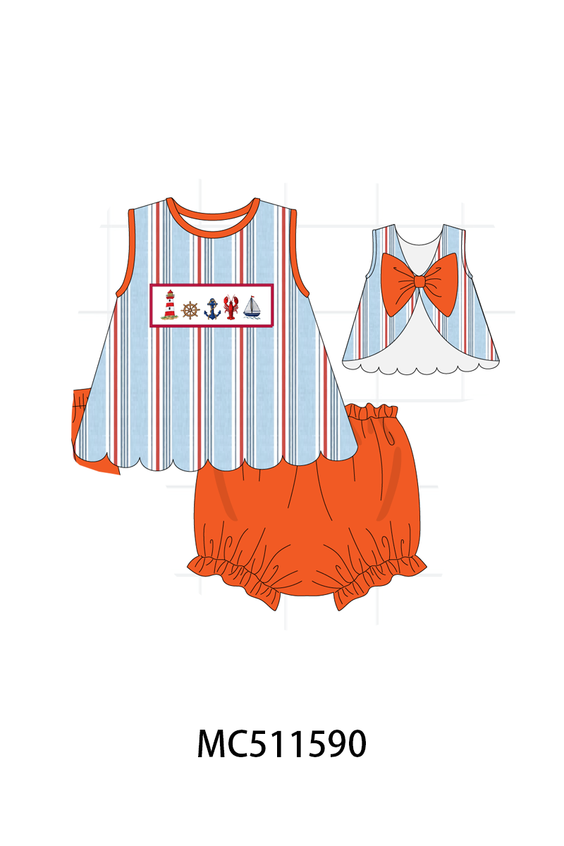 ETA May PO75 Orange sailboat lobster machine smocked stripe collection