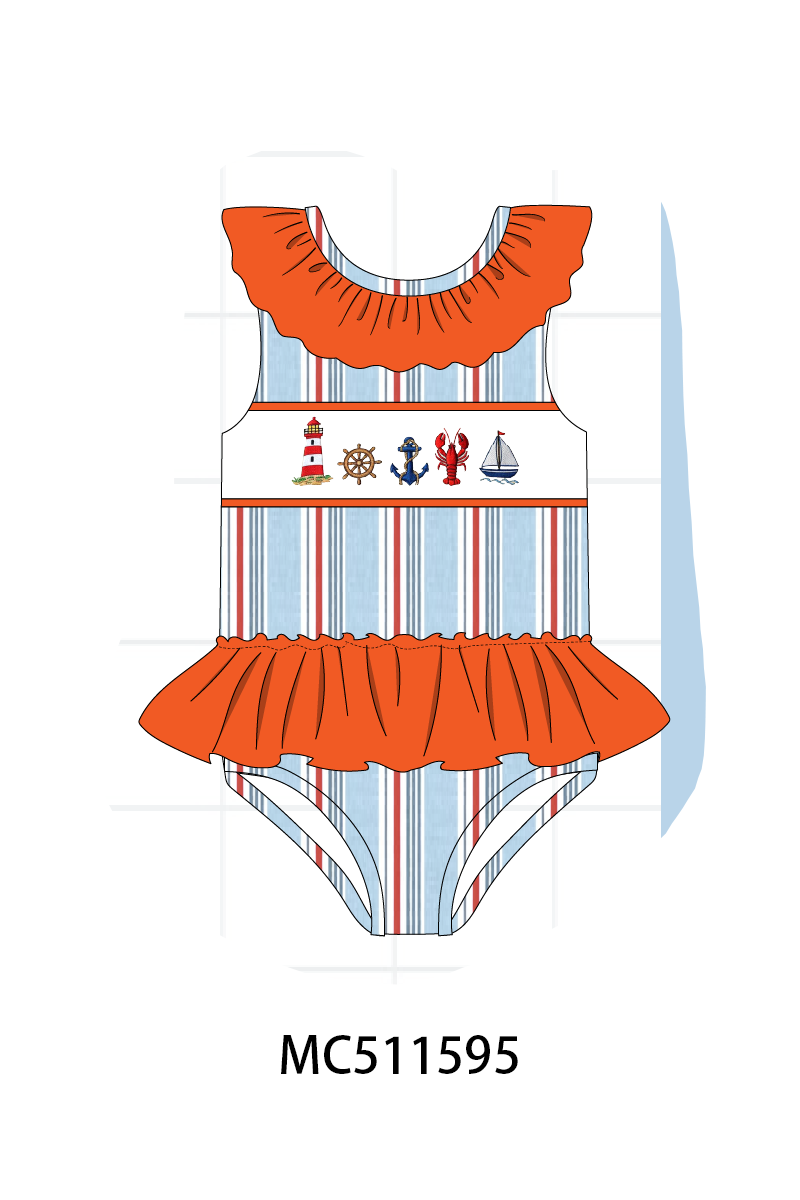 ETA May PO75 Orange sailboat lobster machine smocked stripe collection