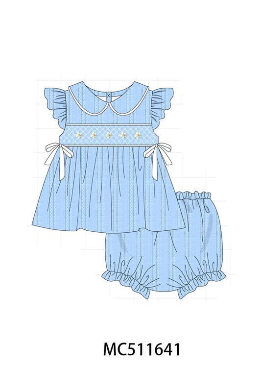 ETA May PO75 Blue floral jacquard machine smocked ruffle collection