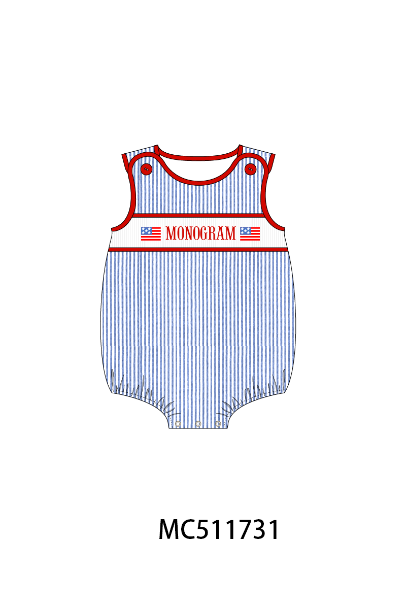 ETA May PO75 Blue seersucker Patriotic flag machine smocked collection 2