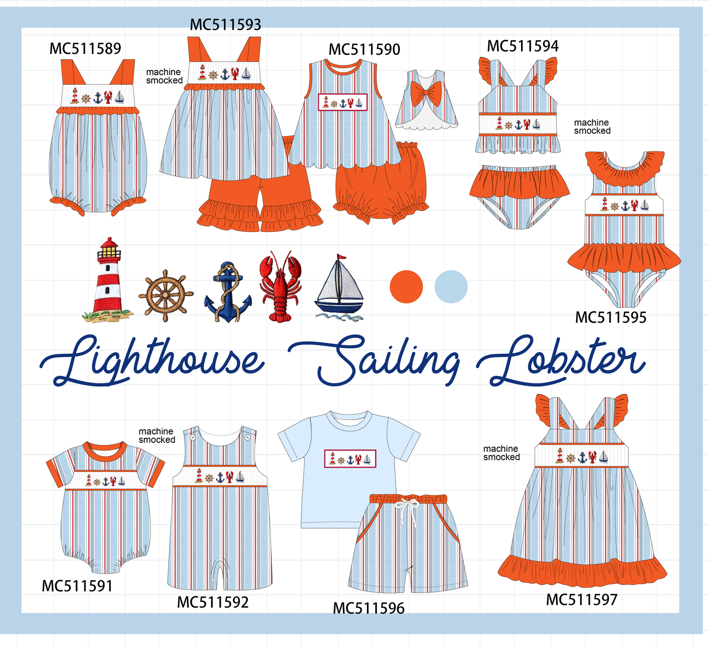 ETA May PO75 Orange sailboat lobster machine smocked stripe collection