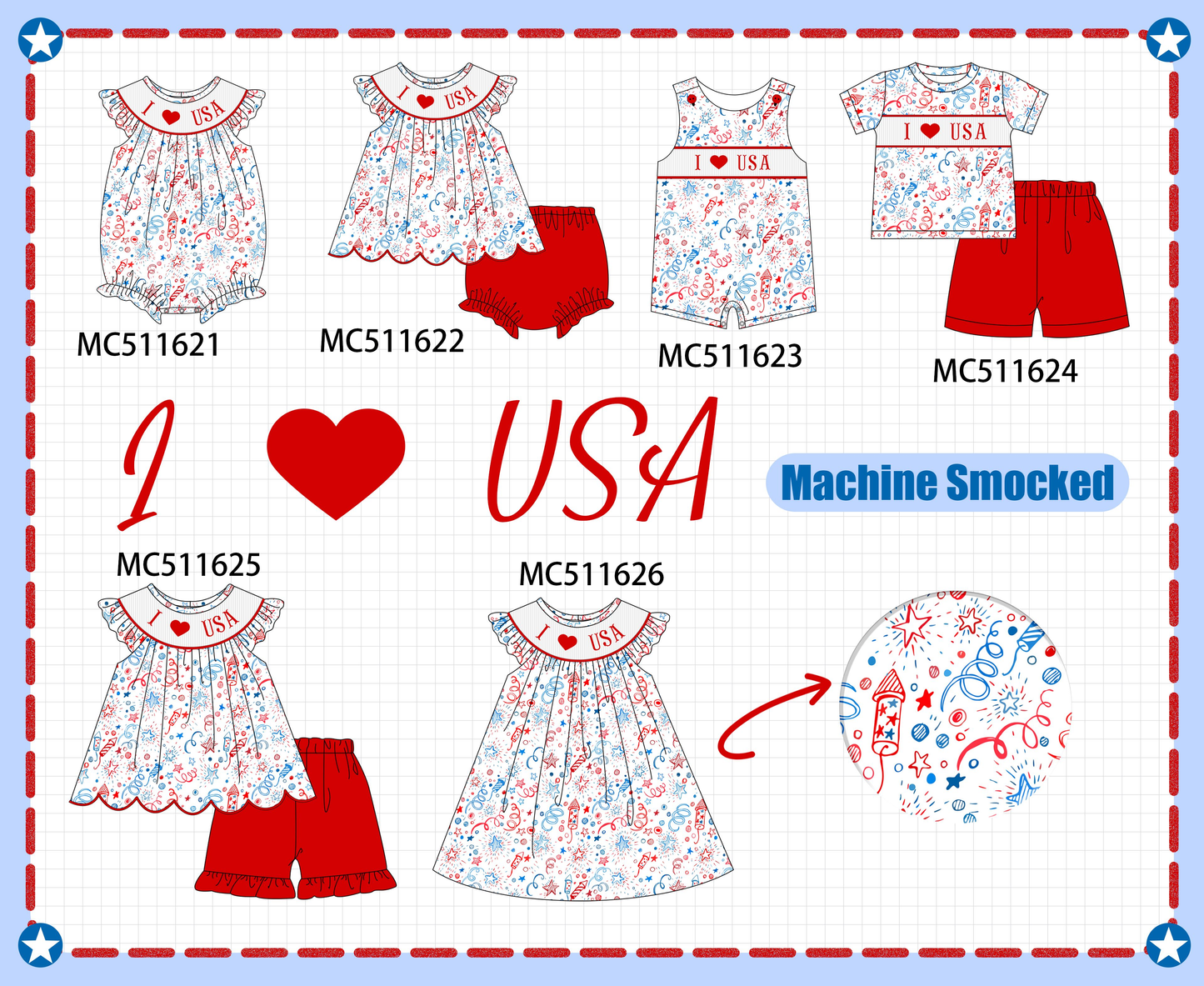 ETA May PO75 Red Patriotic I love USA machine smocked collection