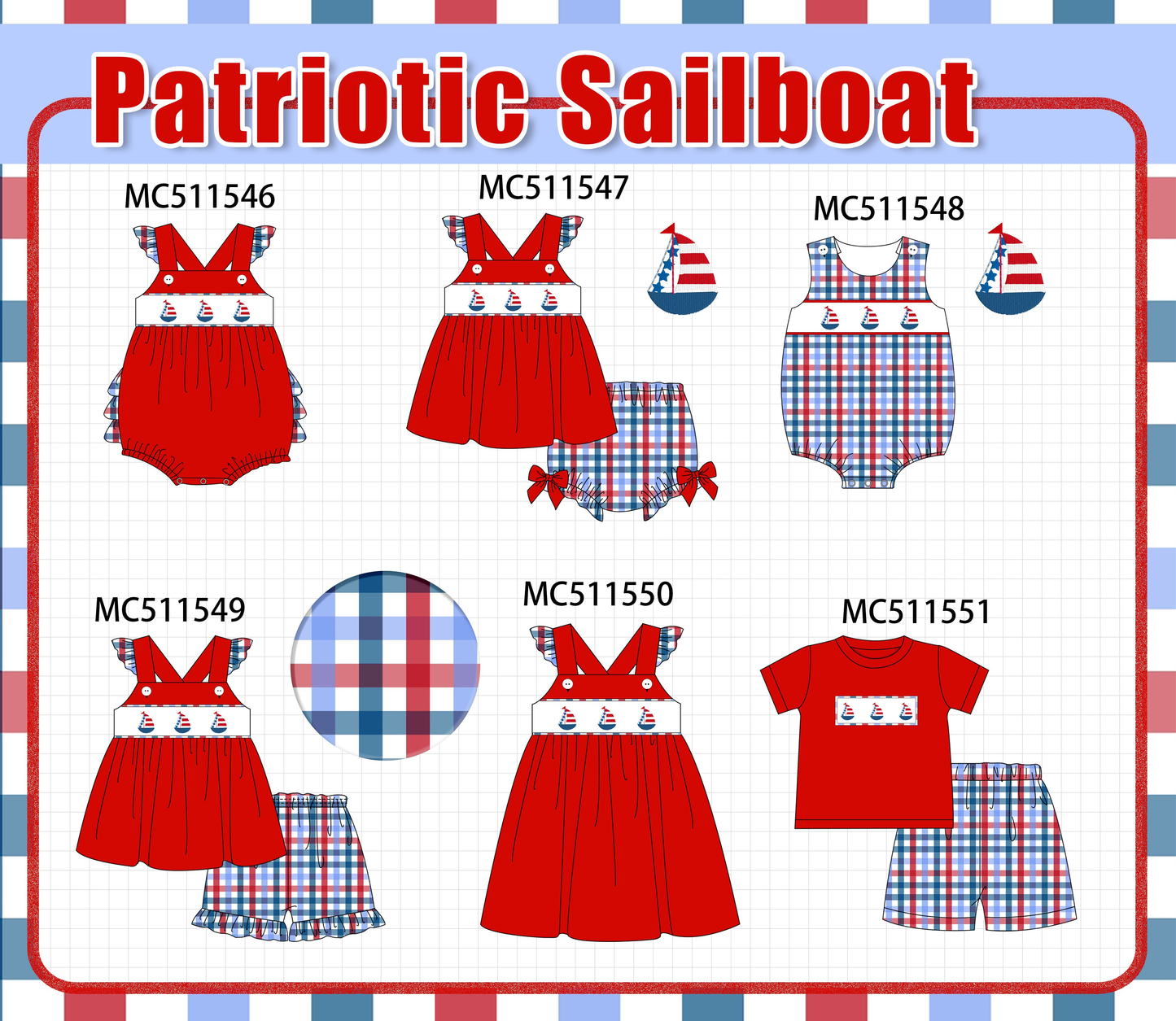 ETA May PO75 Red Patriotic sailboat embroidery gingham collection